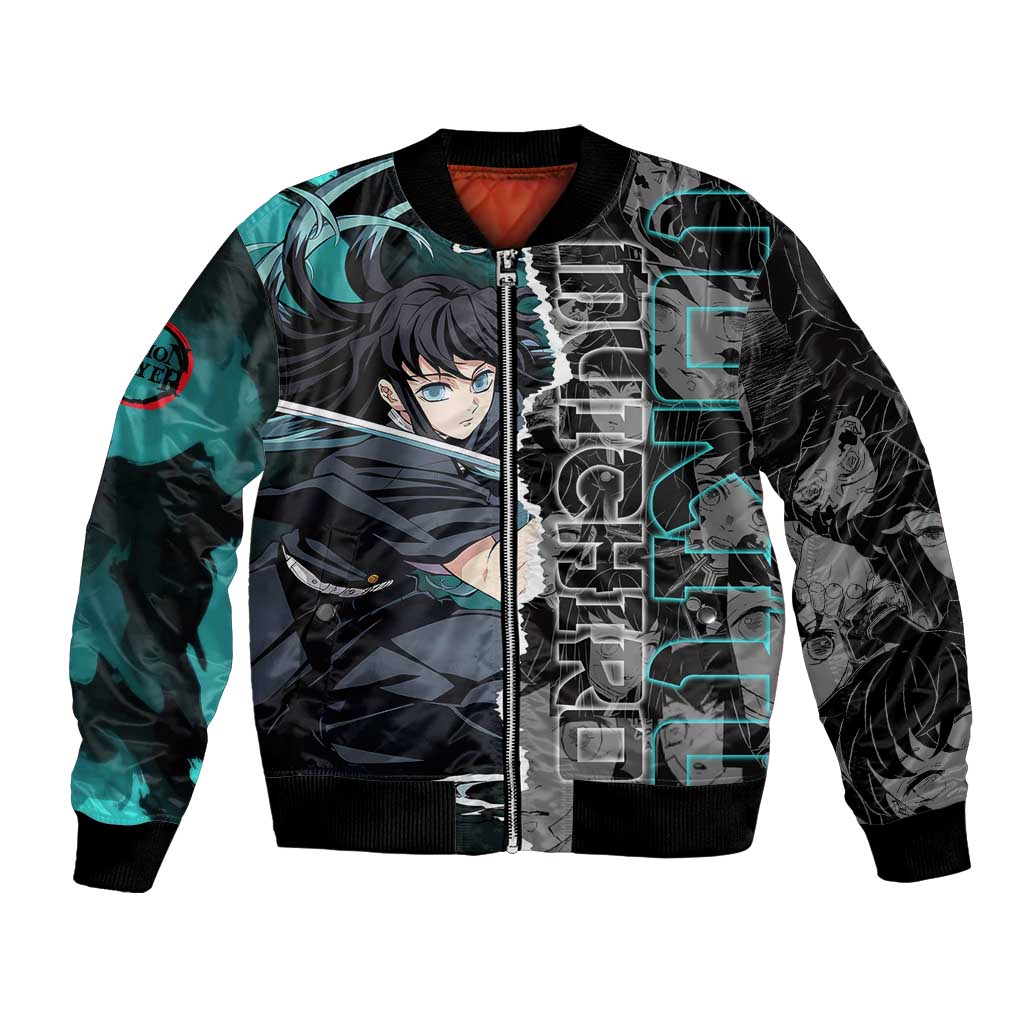 Muichiro Tokito Demon Slayer Bomber Jacket with Mist Hashira Sword Pose and Ethereal Mist Design - The Mazicc