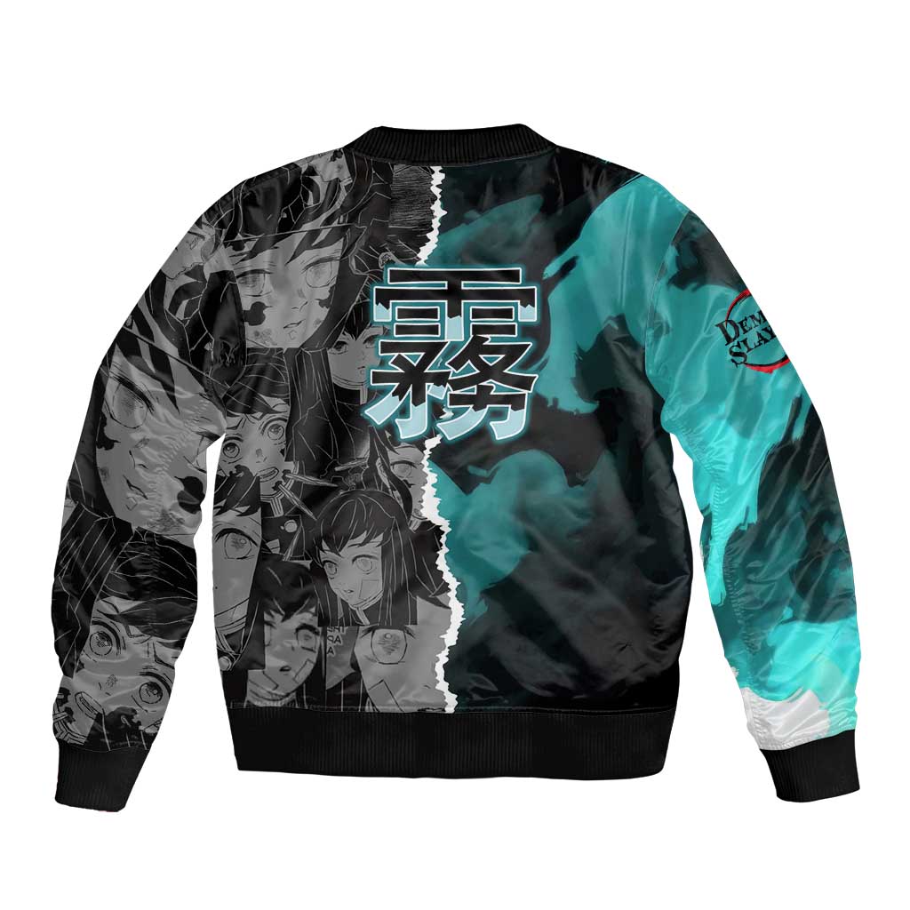 Muichiro Tokito Demon Slayer Bomber Jacket with Mist Hashira Sword Pose and Ethereal Mist Design - The Mazicc