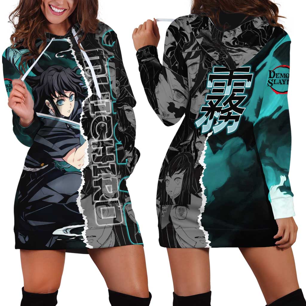 Muichiro Tokito Demon Slayer Hoodie Dress with Mist Hashira Sword Pose and Ethereal Mist Design - The Mazicc