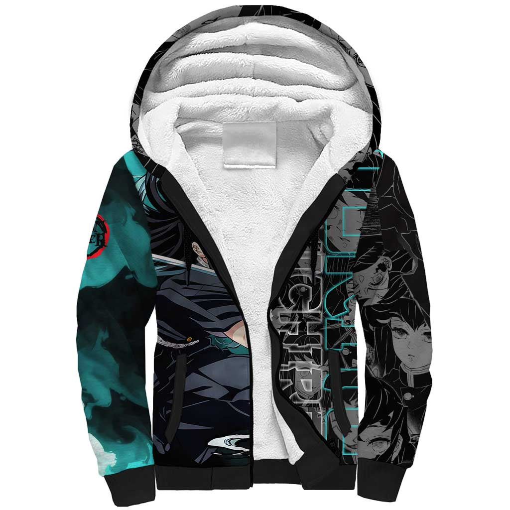 Muichiro Tokito Demon Slayer Sherpa Hoodie with Mist Hashira Sword Pose and Ethereal Mist Design - The Mazicc