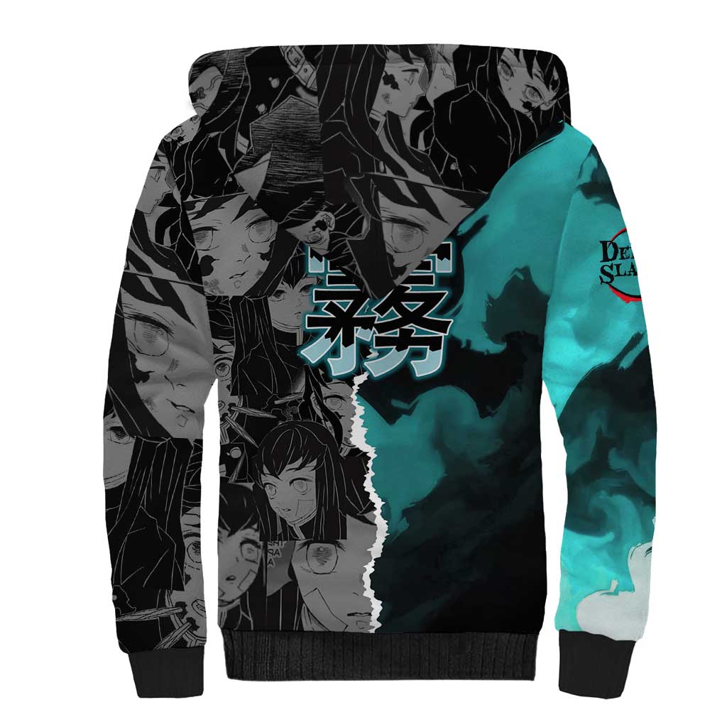 Muichiro Tokito Demon Slayer Sherpa Hoodie with Mist Hashira Sword Pose and Ethereal Mist Design - The Mazicc