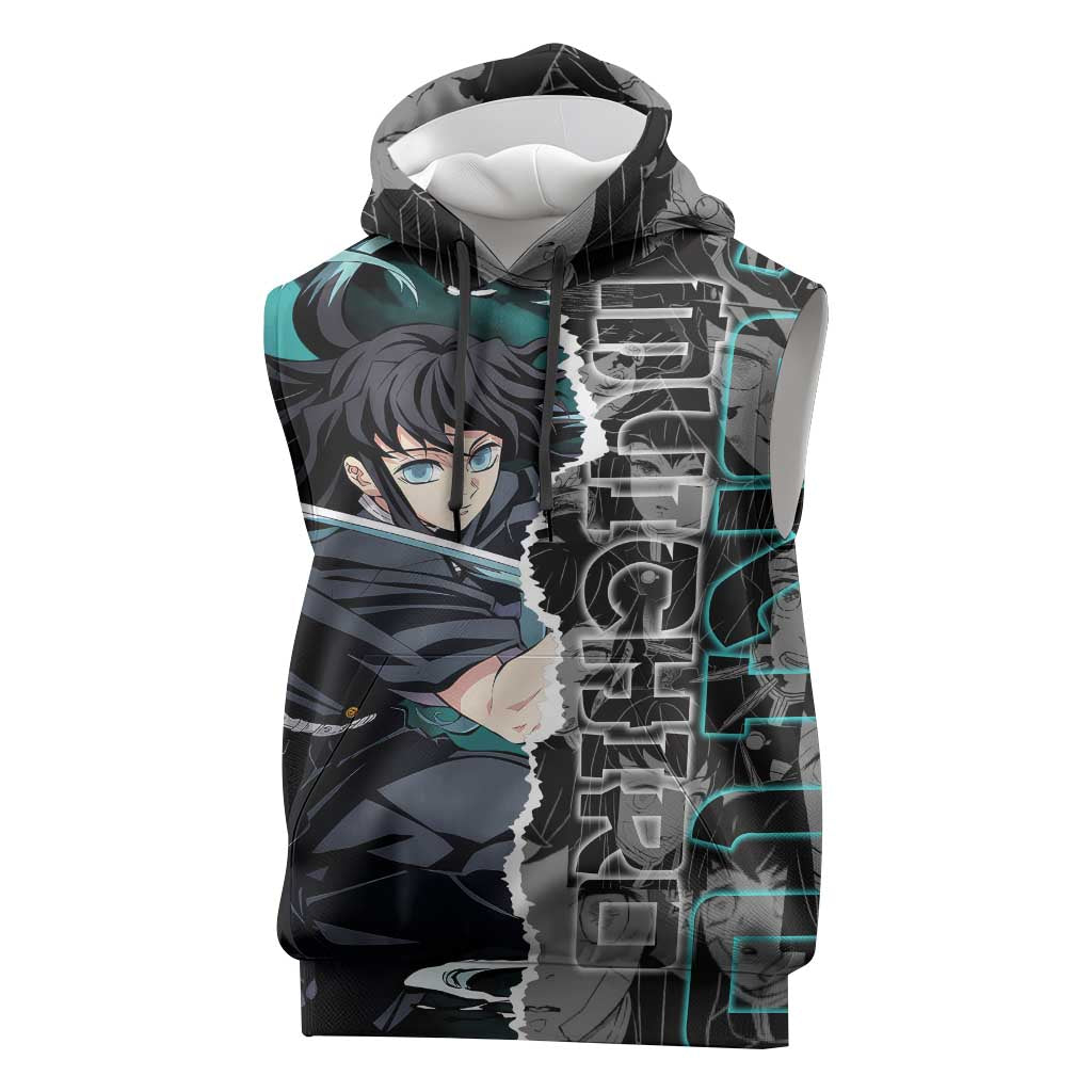 Muichiro Tokito Demon Slayer Sleeveless Hoodie with Mist Hashira Sword Pose and Ethereal Mist Design - The Mazicc
