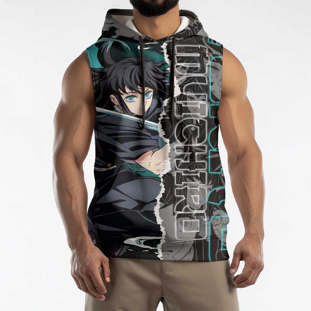 Muichiro Tokito Demon Slayer Sleeveless Hoodie with Mist Hashira Sword Pose and Ethereal Mist Design - The Mazicc