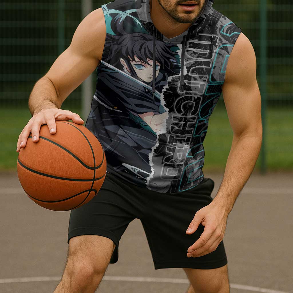 Muichiro Tokito Demon Slayer Sleeveless Hoodie with Mist Hashira Sword Pose and Ethereal Mist Design - The Mazicc