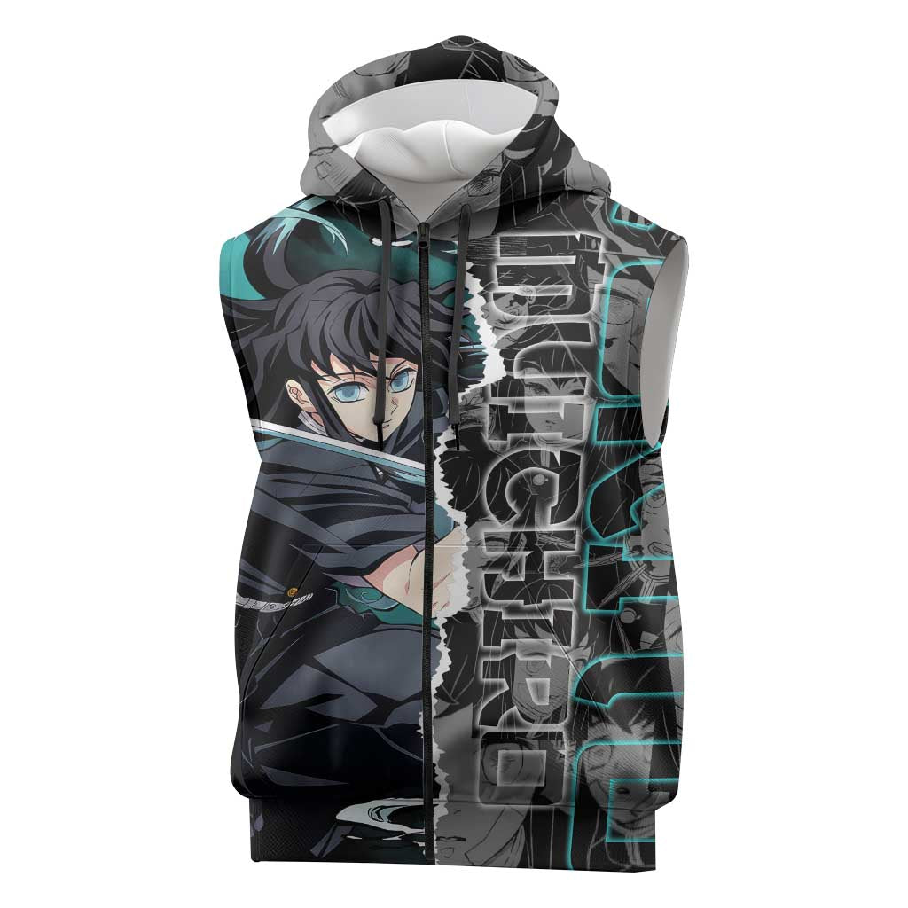 Muichiro Tokito Demon Slayer Sleeveless Zip Hoodie with Mist Hashira Sword Pose and Ethereal Mist Design - The Mazicc