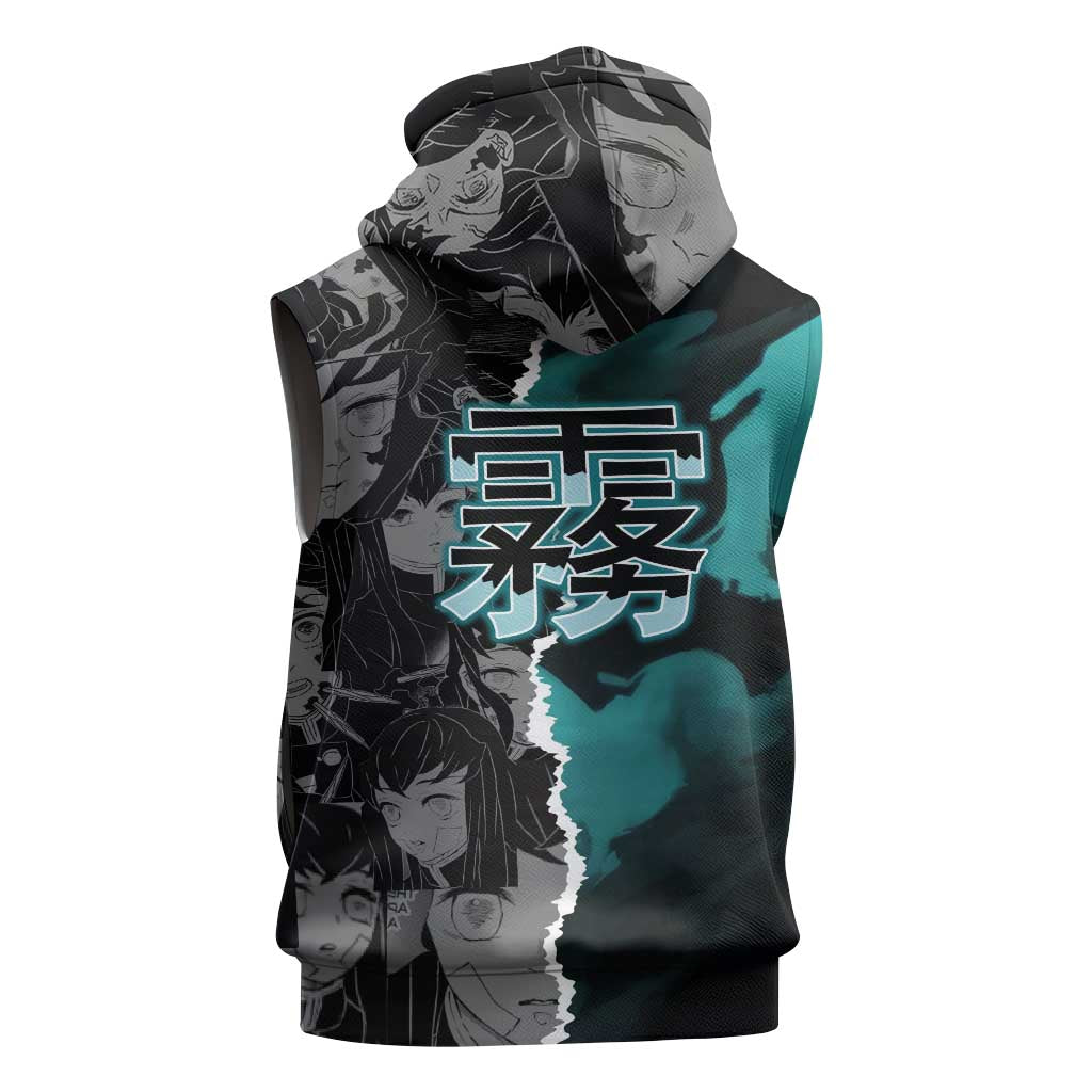 Muichiro Tokito Demon Slayer Sleeveless Zip Hoodie with Mist Hashira Sword Pose and Ethereal Mist Design - The Mazicc