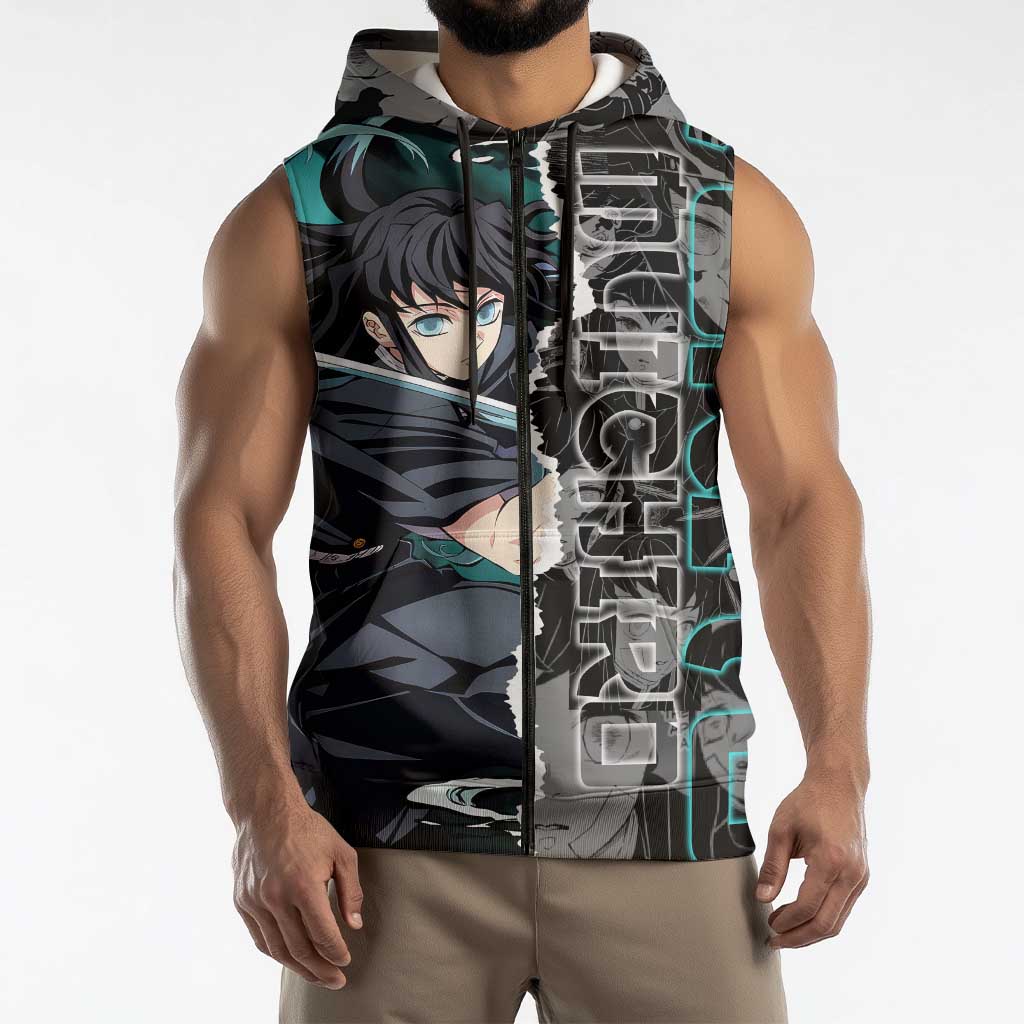 Muichiro Tokito Demon Slayer Sleeveless Zip Hoodie with Mist Hashira Sword Pose and Ethereal Mist Design - The Mazicc