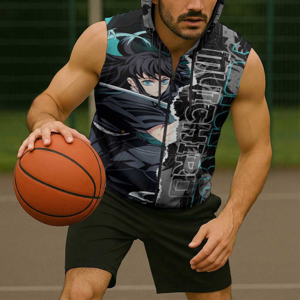 Muichiro Tokito Demon Slayer Sleeveless Zip Hoodie with Mist Hashira Sword Pose and Ethereal Mist Design - The Mazicc