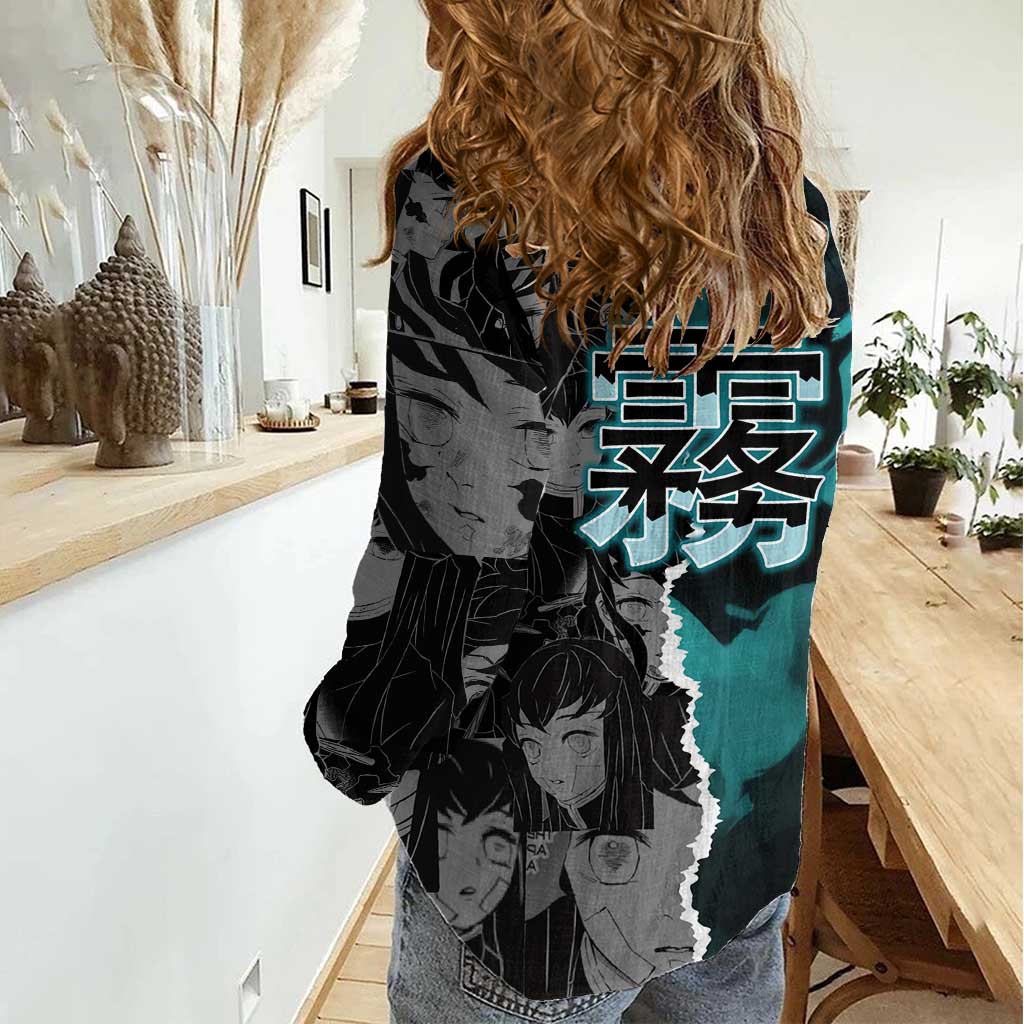 Muichiro Tokito Demon Slayer Women Casual Shirt with Mist Hashira Sword Pose and Ethereal Mist Design - The Mazicc