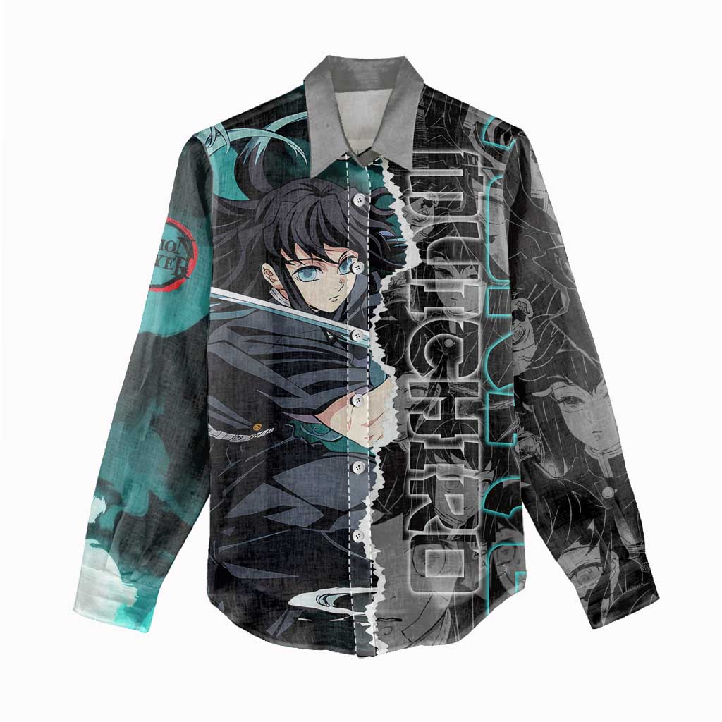 Muichiro Tokito Demon Slayer Women Casual Shirt with Mist Hashira Sword Pose and Ethereal Mist Design - The Mazicc