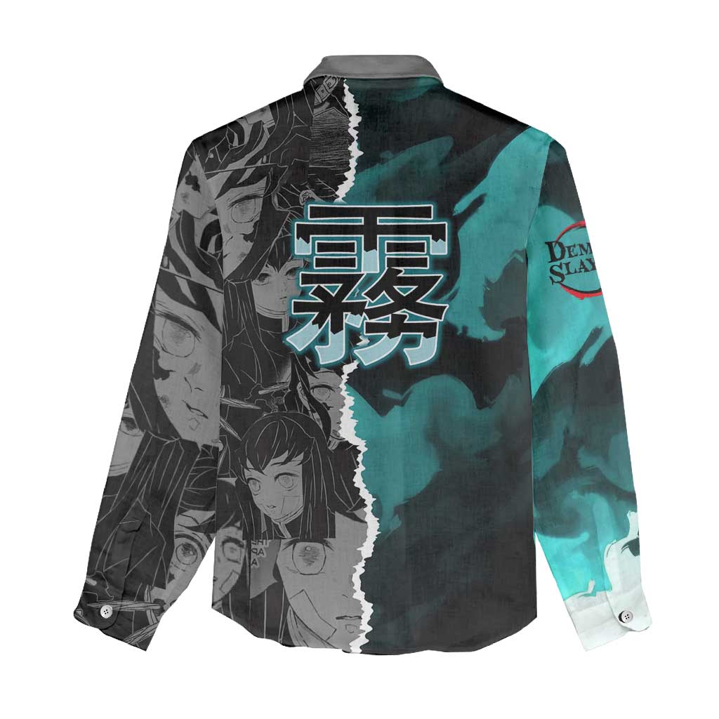 Muichiro Tokito Demon Slayer Women Casual Shirt with Mist Hashira Sword Pose and Ethereal Mist Design - The Mazicc