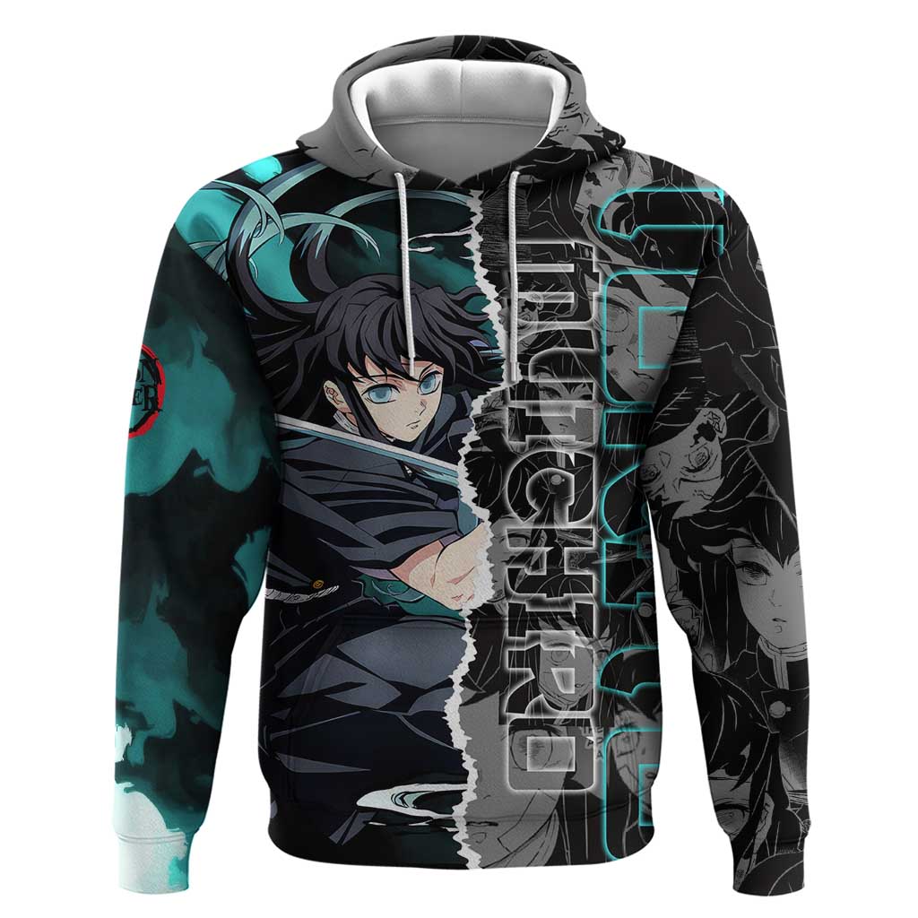 Muichiro Tokito Demon Slayer Zip Hoodie with Mist Hashira Sword Pose and Ethereal Mist Design - The Mazicc
