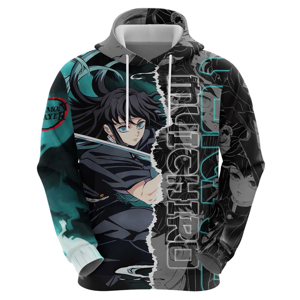 Muichiro Tokito Demon Slayer Zip Hoodie with Mist Hashira Sword Pose and Ethereal Mist Design - The Mazicc