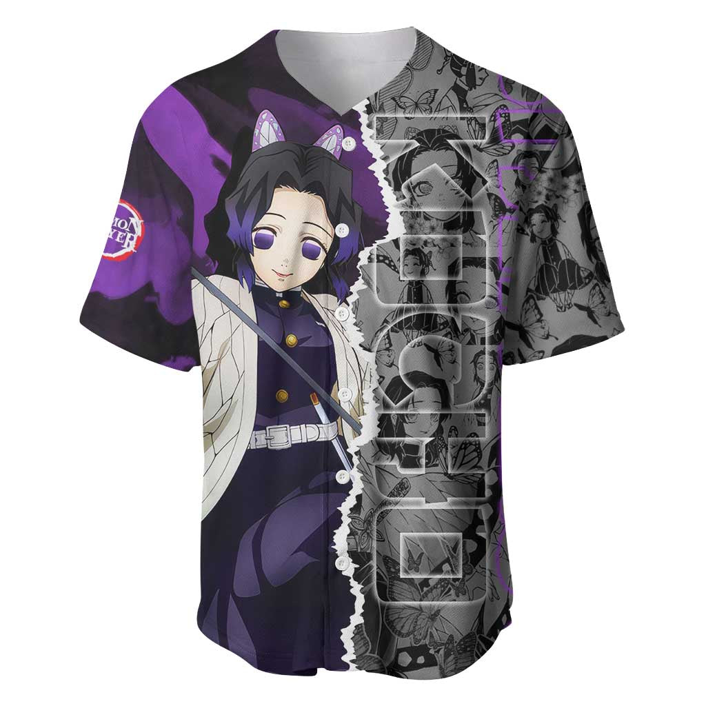 Shinobu Kocho Demon Slayer Baseball Jersey with Insect Hashira Sword Pose and Elegant Butterfly Design - The Mazicc