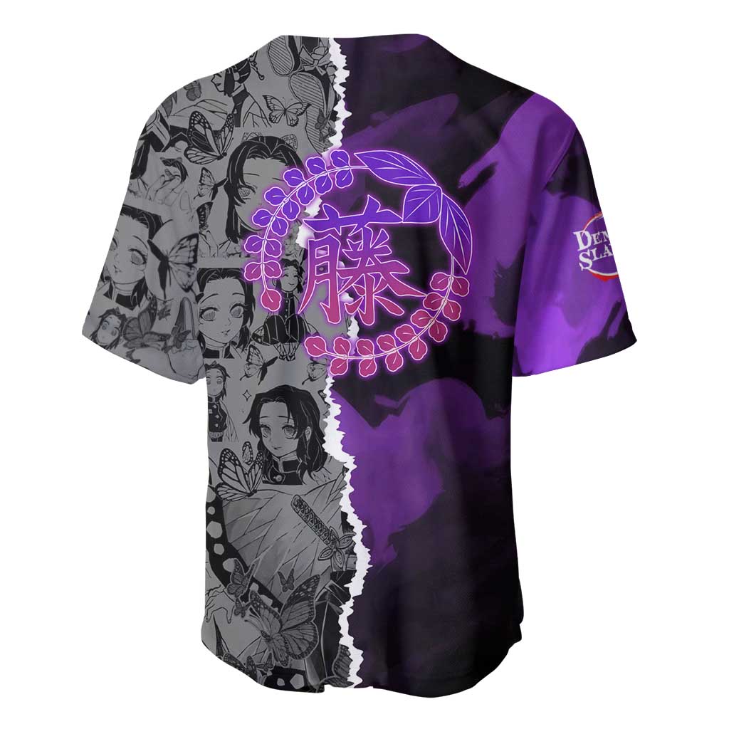 Shinobu Kocho Demon Slayer Baseball Jersey with Insect Hashira Sword Pose and Elegant Butterfly Design - The Mazicc