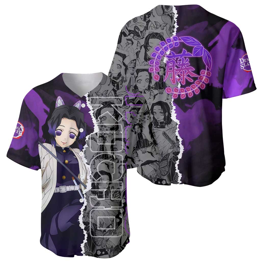 Shinobu Kocho Demon Slayer Baseball Jersey with Insect Hashira Sword Pose and Elegant Butterfly Design - The Mazicc