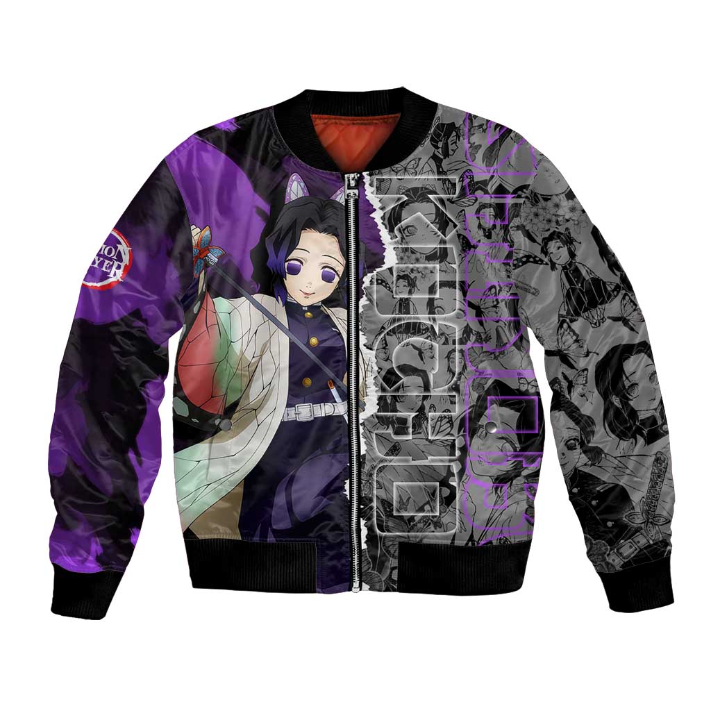 Shinobu Kocho Demon Slayer Bomber Jacket with Insect Hashira Sword Pose and Elegant Butterfly Design - The Mazicc