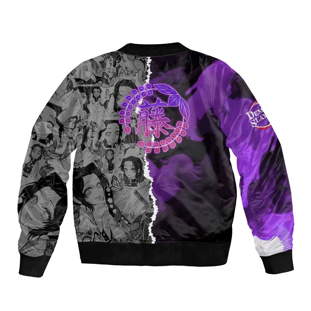 Shinobu Kocho Demon Slayer Bomber Jacket with Insect Hashira Sword Pose and Elegant Butterfly Design - The Mazicc