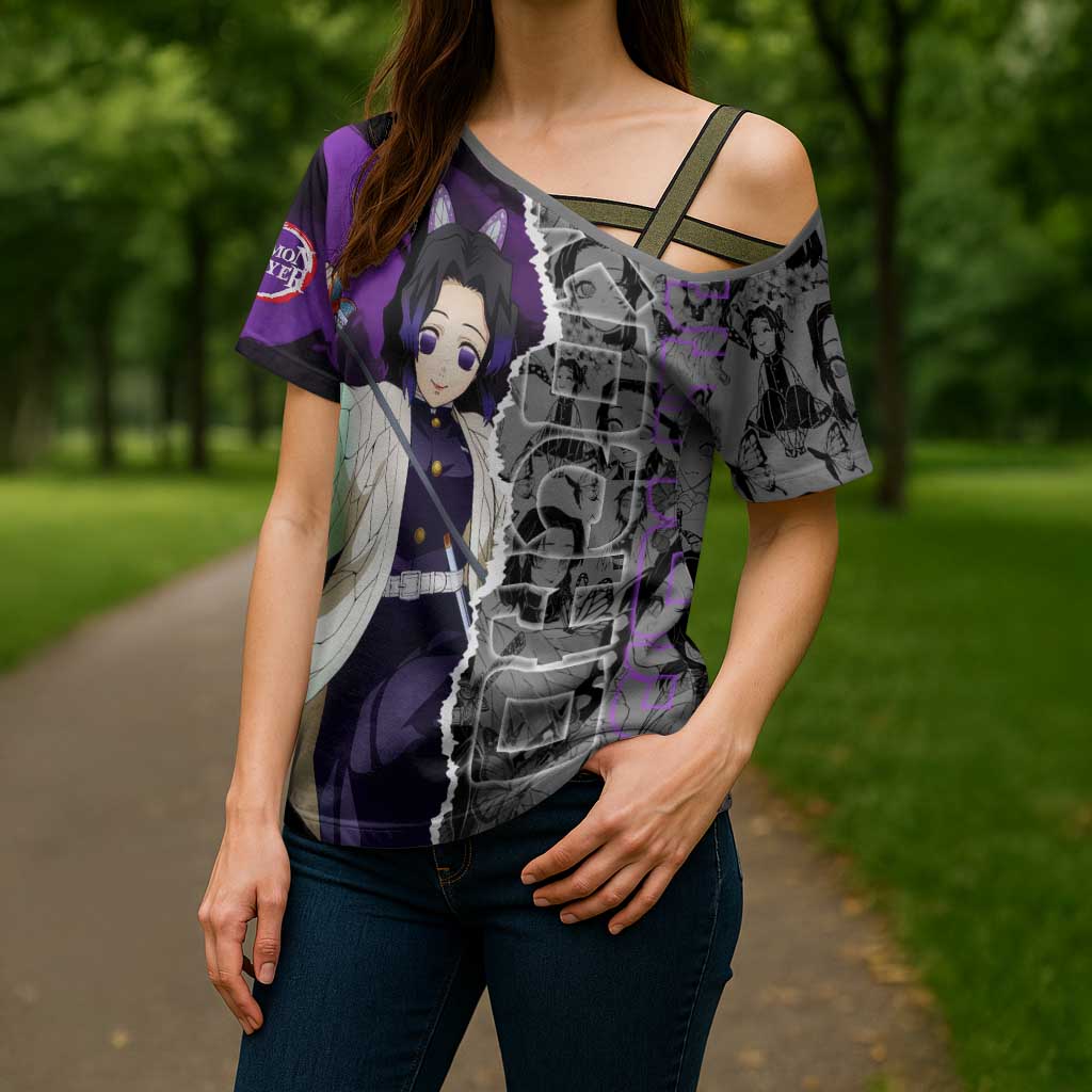 Shinobu Kocho Demon Slayer Cross Shoulder Shirt with Insect Hashira Sword Pose and Elegant Butterfly Design - The Mazicc
