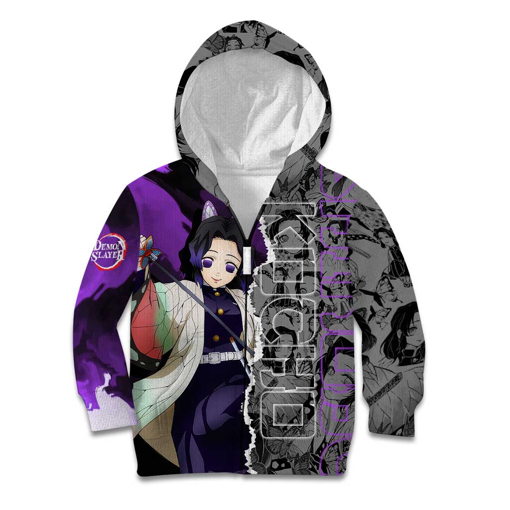 Shinobu Kocho Demon Slayer Kid Hoodie with Insect Hashira Sword Pose and Elegant Butterfly Design - The Mazicc