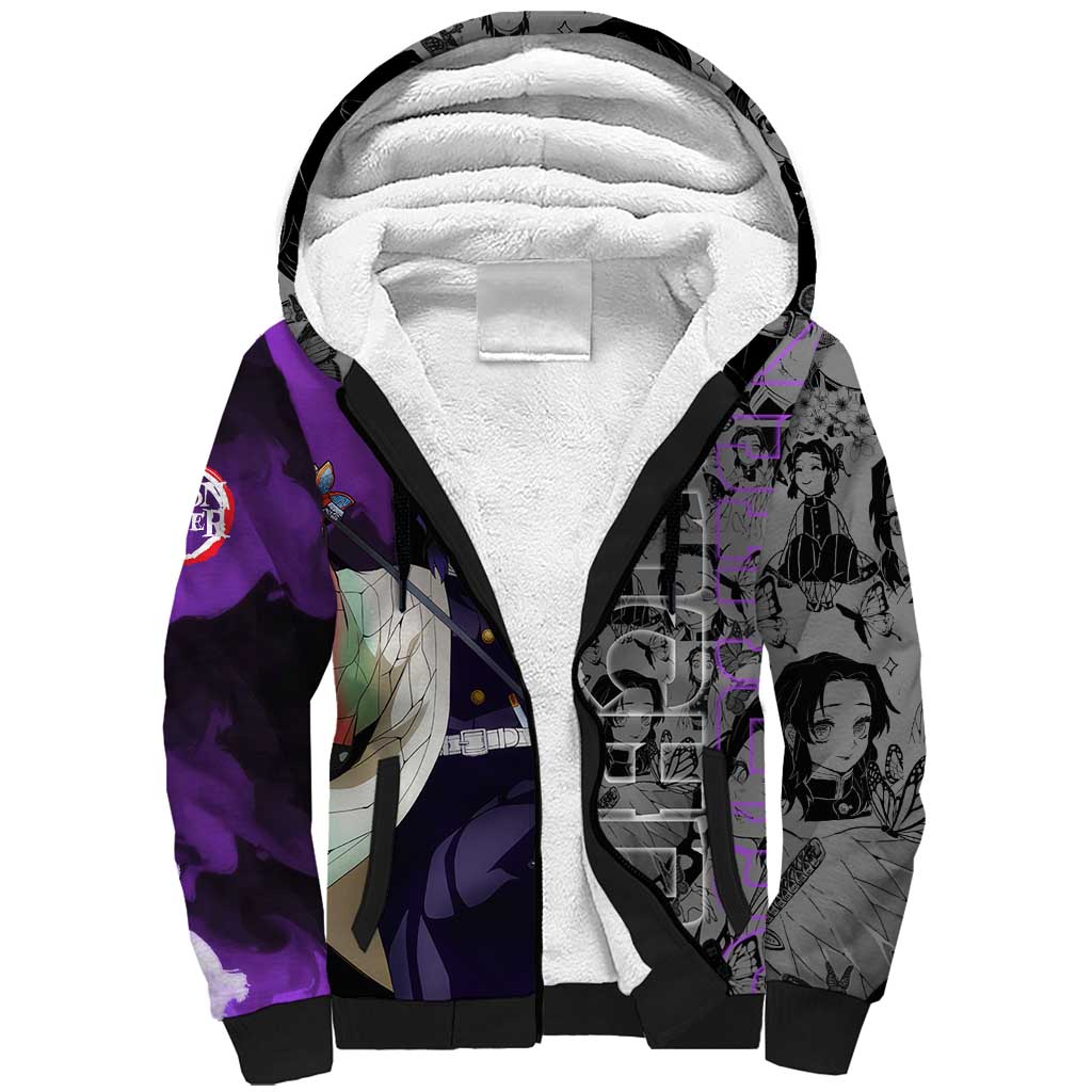 Shinobu Kocho Demon Slayer Sherpa Hoodie with Insect Hashira Sword Pose and Elegant Butterfly Design - The Mazicc