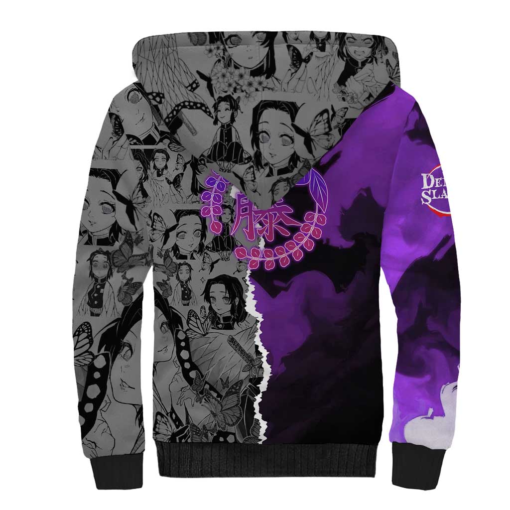 Shinobu Kocho Demon Slayer Sherpa Hoodie with Insect Hashira Sword Pose and Elegant Butterfly Design - The Mazicc
