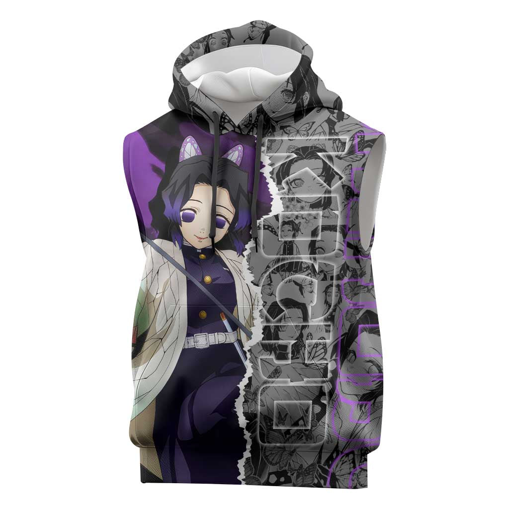 Shinobu Kocho Demon Slayer Sleeveless Hoodie with Insect Hashira Sword Pose and Elegant Butterfly Design - The Mazicc