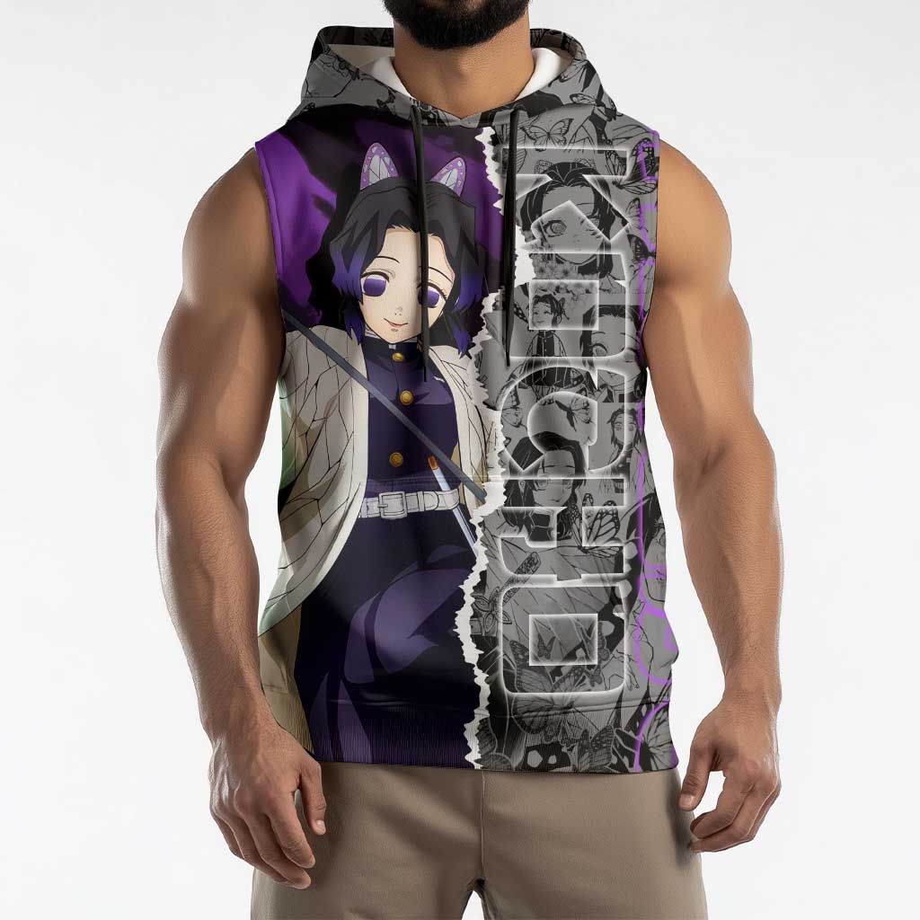 Shinobu Kocho Demon Slayer Sleeveless Hoodie with Insect Hashira Sword Pose and Elegant Butterfly Design - The Mazicc