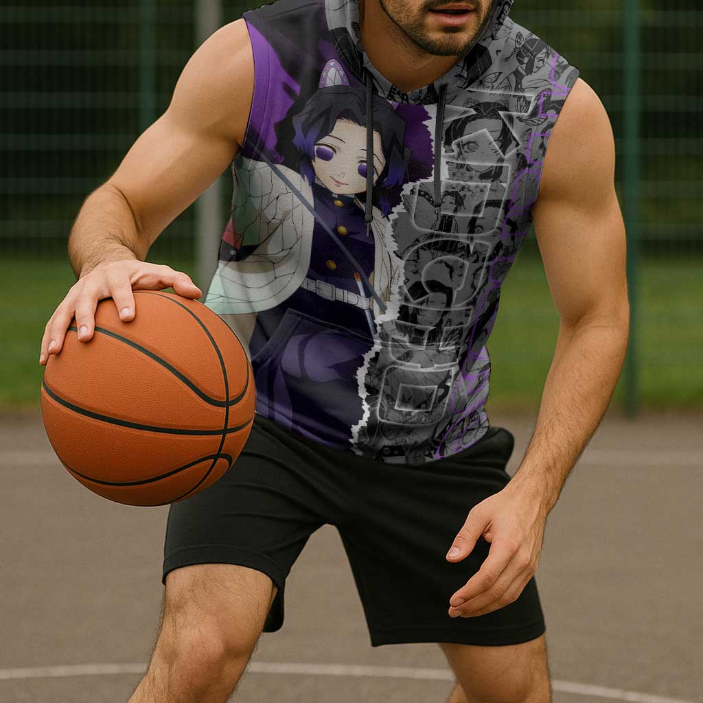 Shinobu Kocho Demon Slayer Sleeveless Hoodie with Insect Hashira Sword Pose and Elegant Butterfly Design - The Mazicc
