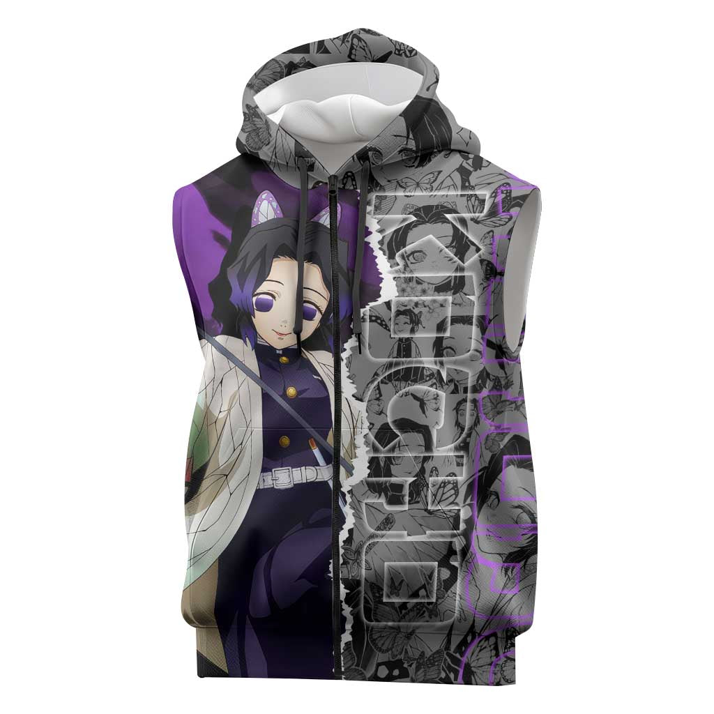 Shinobu Kocho Demon Slayer Sleeveless Zip Hoodie with Insect Hashira Sword Pose and Elegant Butterfly Design - The Mazicc