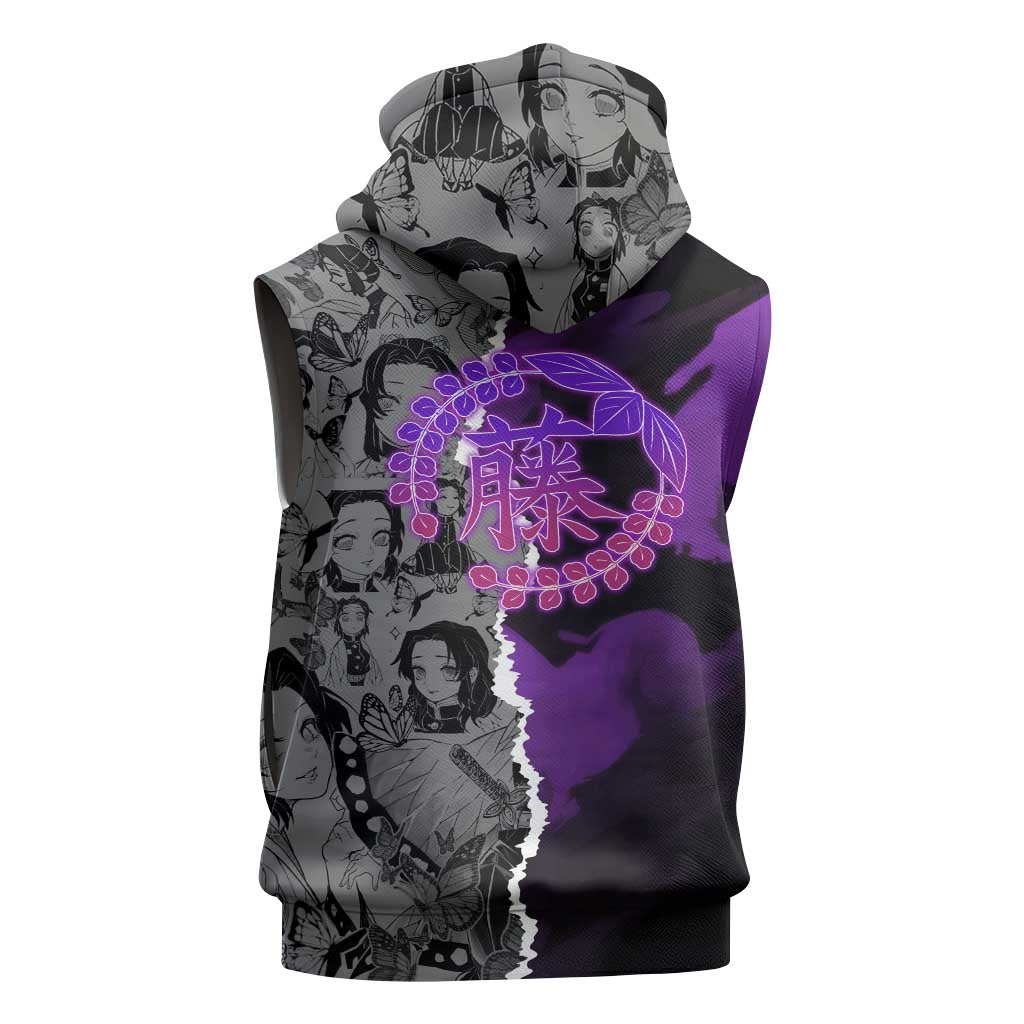 Shinobu Kocho Demon Slayer Sleeveless Zip Hoodie with Insect Hashira Sword Pose and Elegant Butterfly Design - The Mazicc