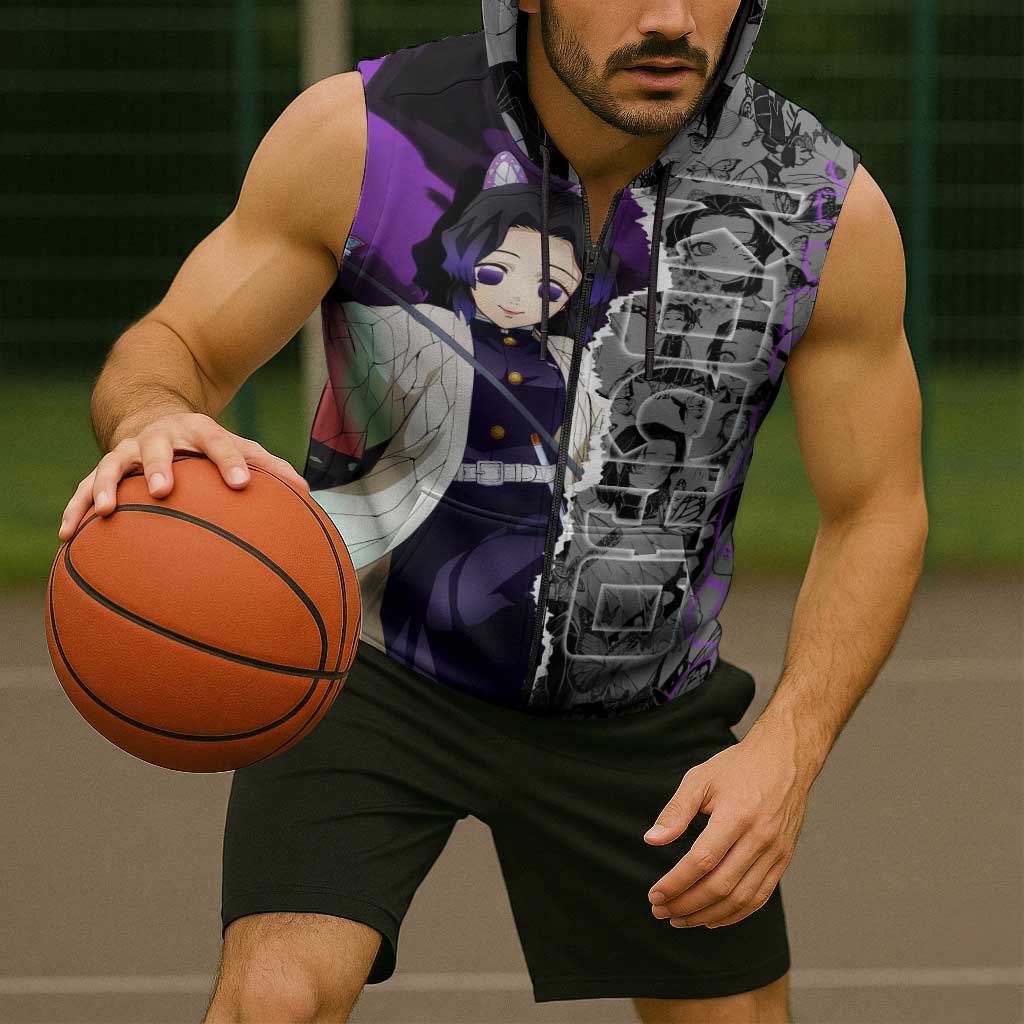 Shinobu Kocho Demon Slayer Sleeveless Zip Hoodie with Insect Hashira Sword Pose and Elegant Butterfly Design - The Mazicc