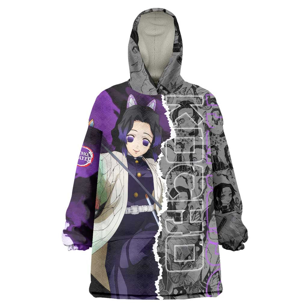 Shinobu Kocho Demon Slayer Wearable Blanket Hoodie with Insect Hashira Sword Pose and Elegant Butterfly Design - The Mazicc