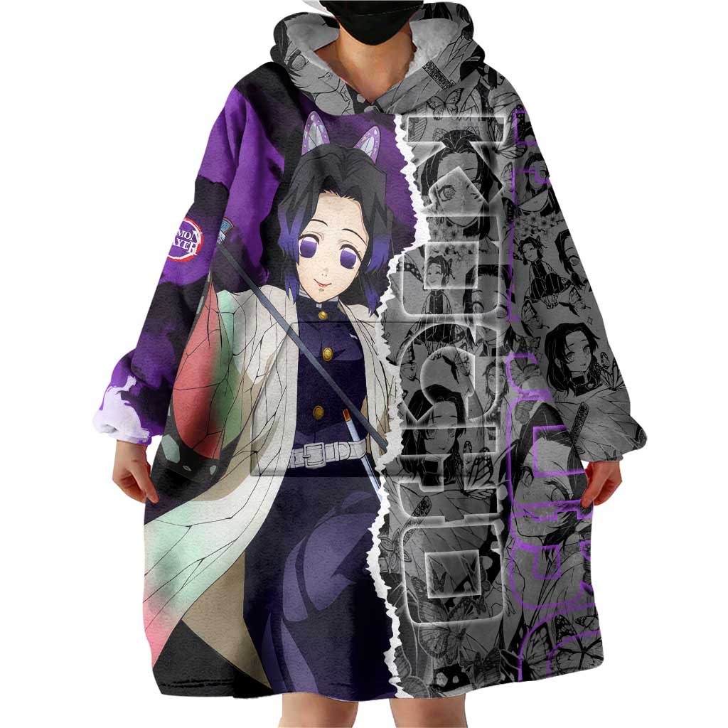 Shinobu Kocho Demon Slayer Wearable Blanket Hoodie with Insect Hashira Sword Pose and Elegant Butterfly Design - The Mazicc