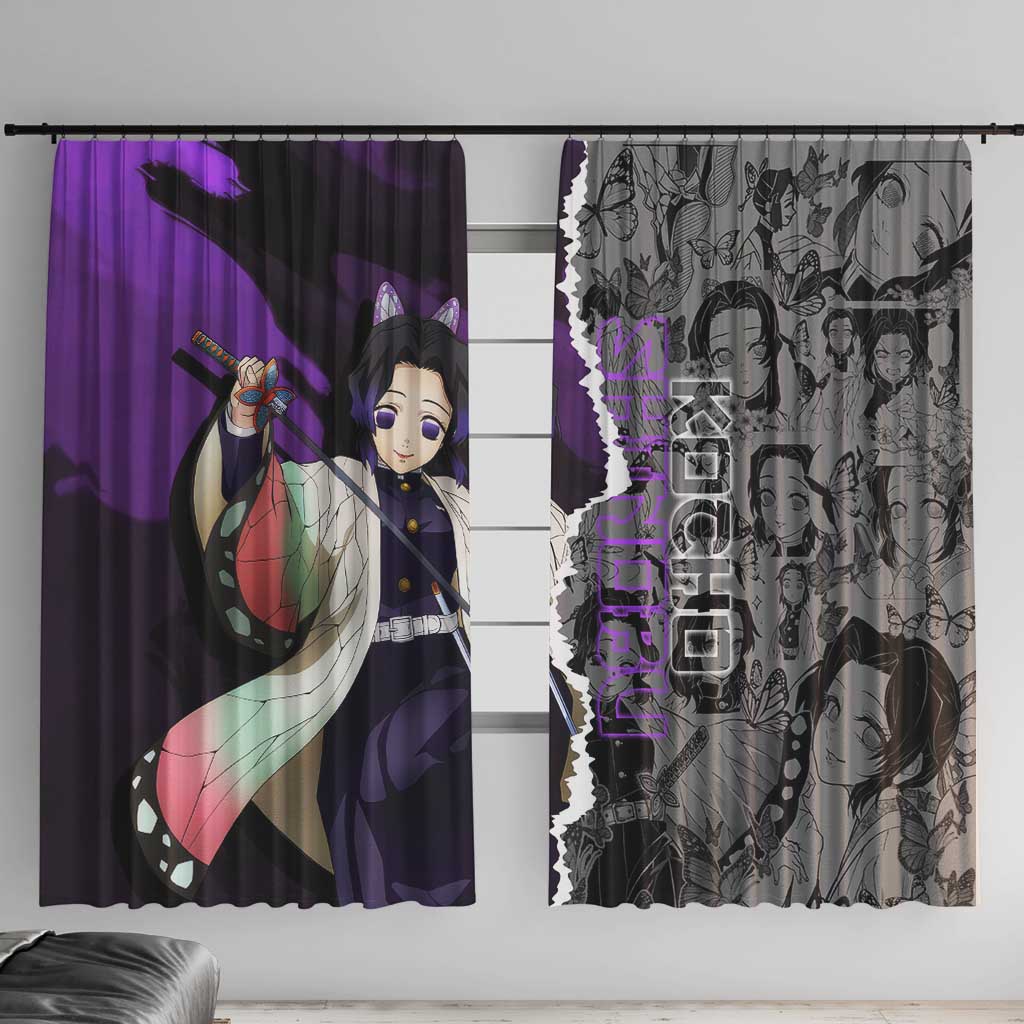 Shinobu Kocho Demon Slayer Window Curtain with Insect Hashira Sword Pose and Elegant Butterfly Design - The Mazicc
