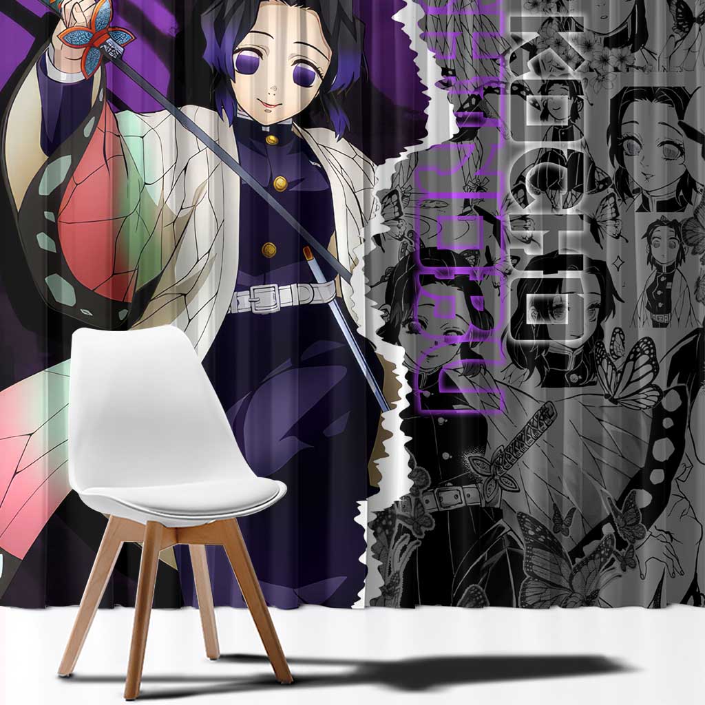 Shinobu Kocho Demon Slayer Window Curtain with Insect Hashira Sword Pose and Elegant Butterfly Design - The Mazicc