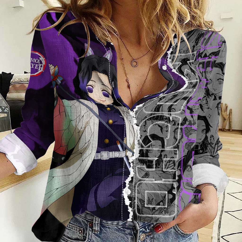 Shinobu Kocho Demon Slayer Women Casual Shirt with Insect Hashira Sword Pose and Elegant Butterfly Design - The Mazicc