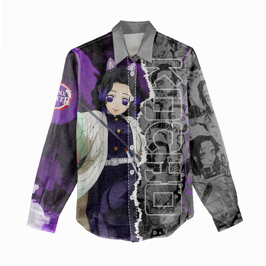 Shinobu Kocho Demon Slayer Women Casual Shirt with Insect Hashira Sword Pose and Elegant Butterfly Design - The Mazicc