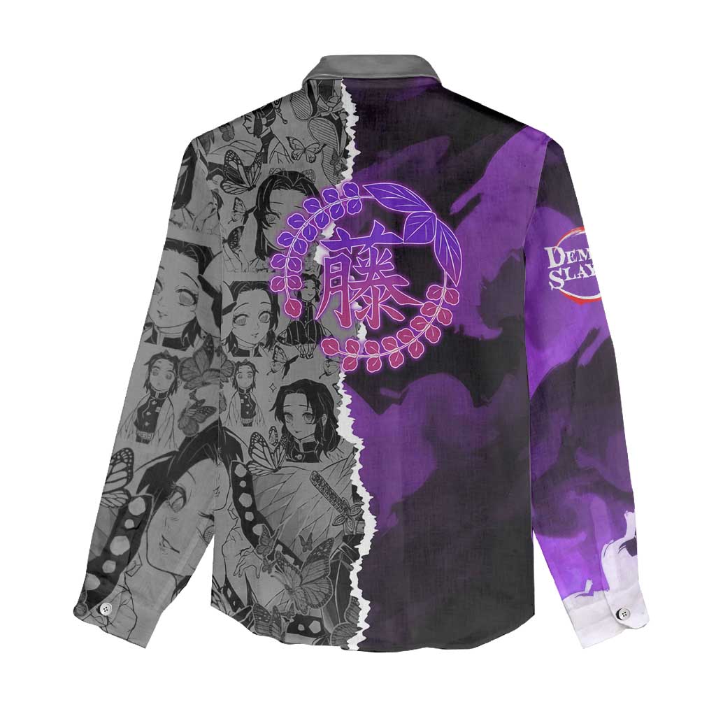 Shinobu Kocho Demon Slayer Women Casual Shirt with Insect Hashira Sword Pose and Elegant Butterfly Design - The Mazicc