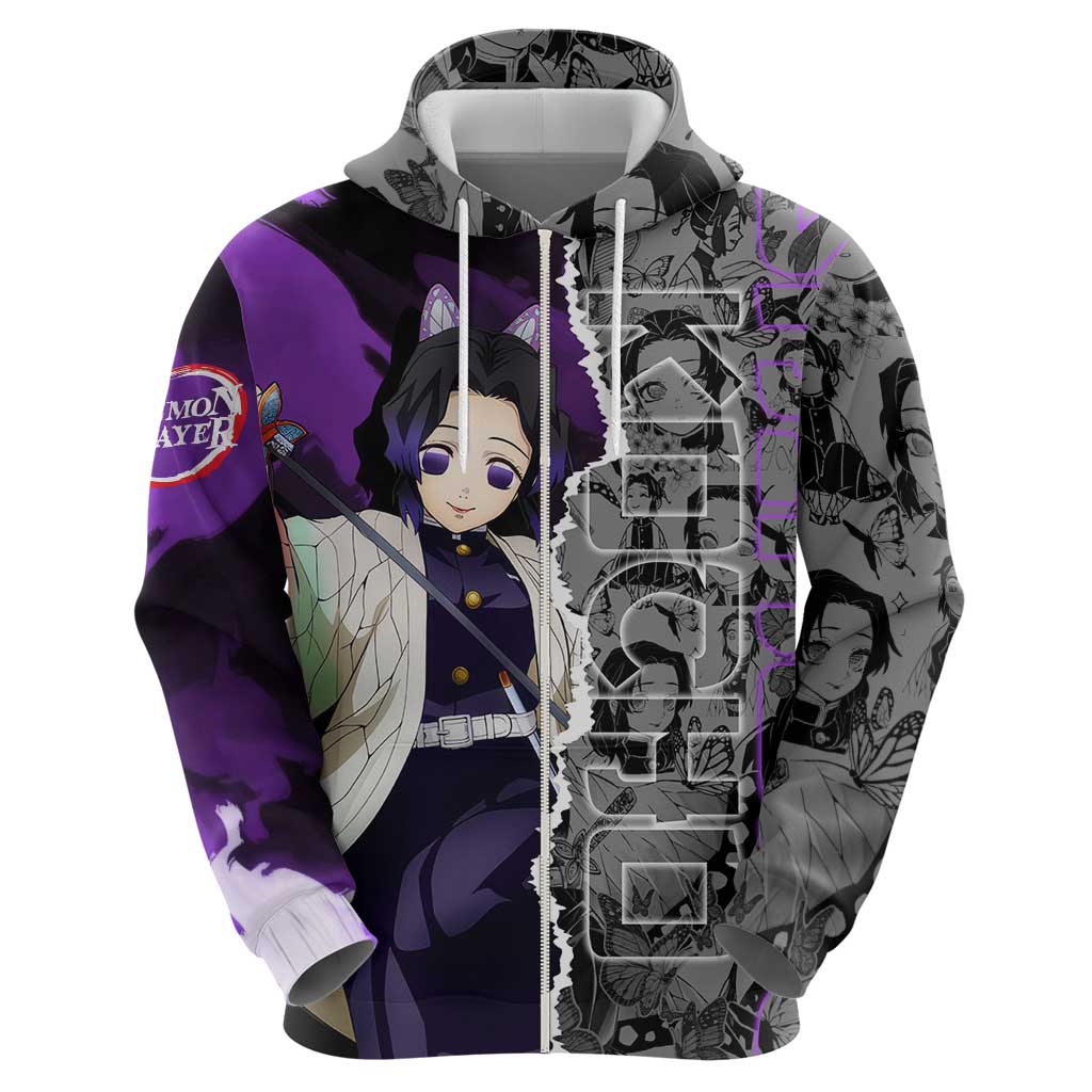Shinobu Kocho Demon Slayer Zip Hoodie with Insect Hashira Sword Pose and Elegant Butterfly Design - The Mazicc