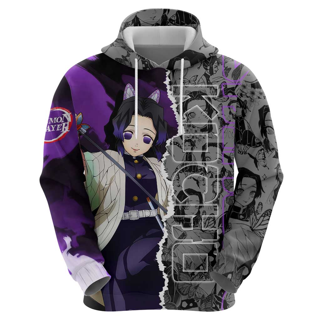 Shinobu Kocho Demon Slayer Zip Hoodie with Insect Hashira Sword Pose and Elegant Butterfly Design - The Mazicc