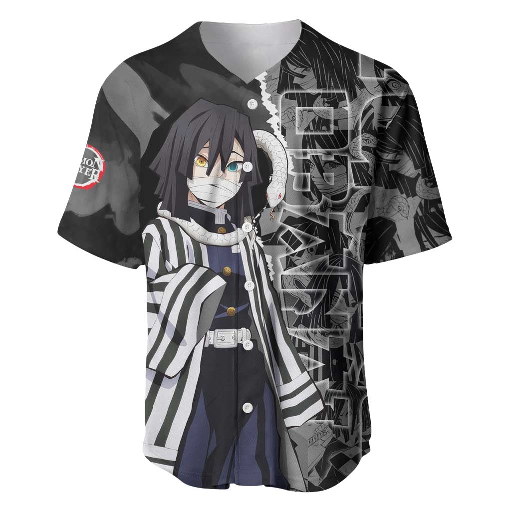 Obanai Iguro Demon Slayer Baseball Jersey with Serpent Hashira Sword Pose and Dark Serpent Design - The Mazicc