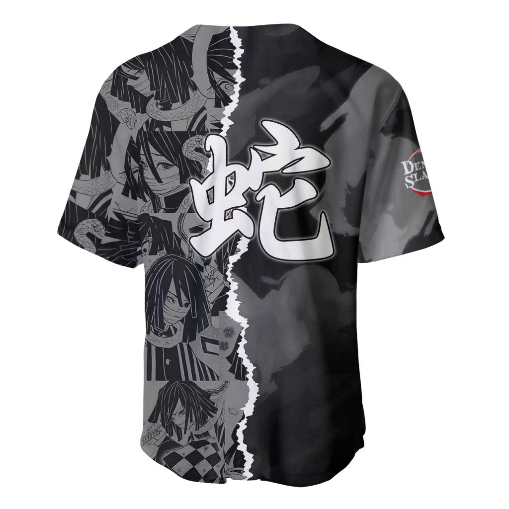 Obanai Iguro Demon Slayer Baseball Jersey with Serpent Hashira Sword Pose and Dark Serpent Design - The Mazicc