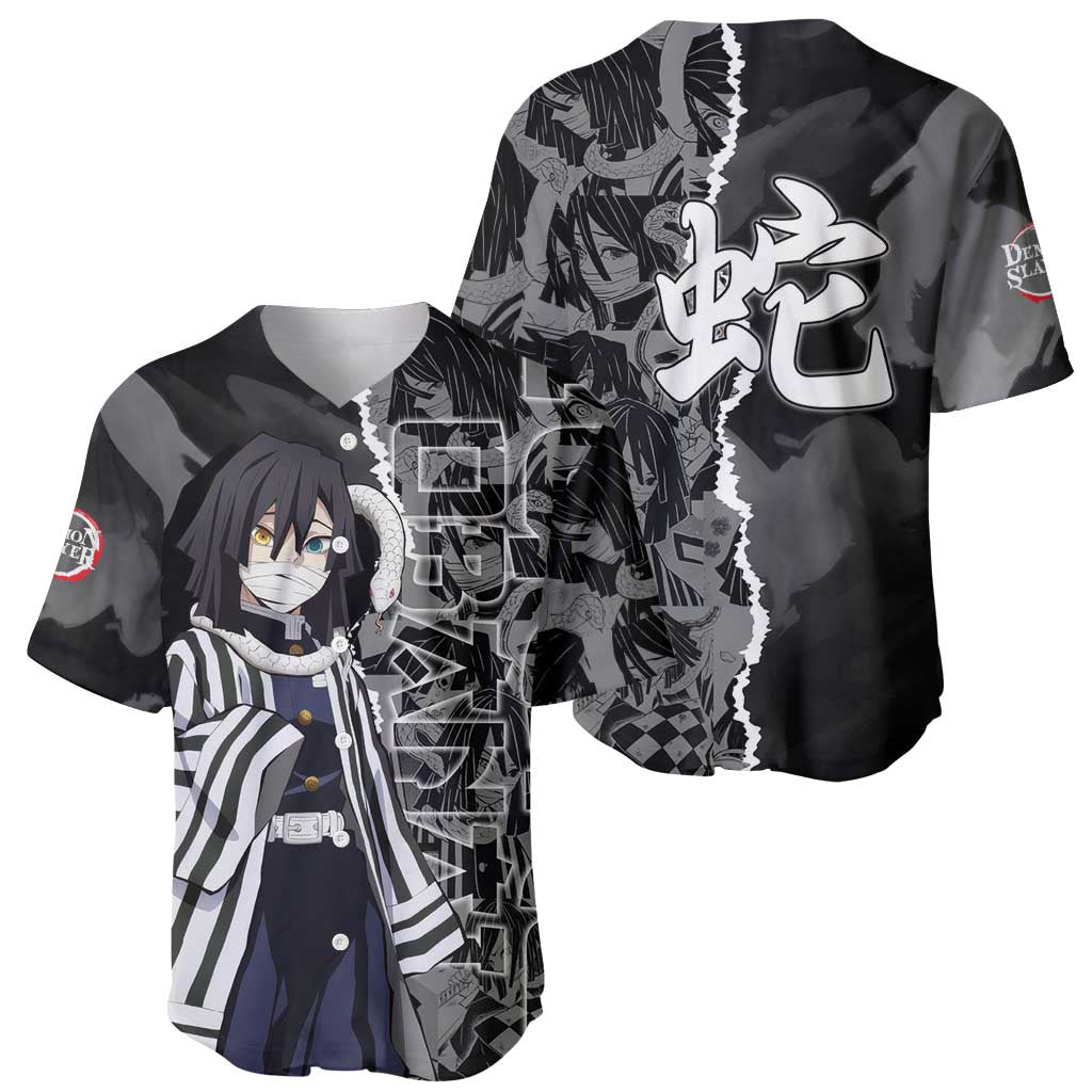 Obanai Iguro Demon Slayer Baseball Jersey with Serpent Hashira Sword Pose and Dark Serpent Design - The Mazicc