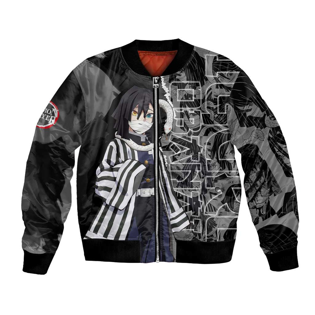 Obanai Iguro Demon Slayer Bomber Jacket with Serpent Hashira Sword Pose and Dark Serpent Design - The Mazicc