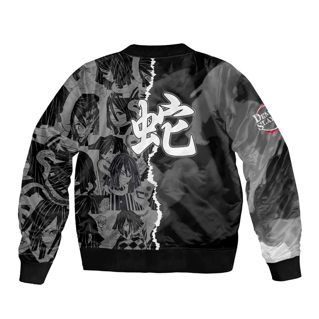 Obanai Iguro Demon Slayer Bomber Jacket with Serpent Hashira Sword Pose and Dark Serpent Design - The Mazicc