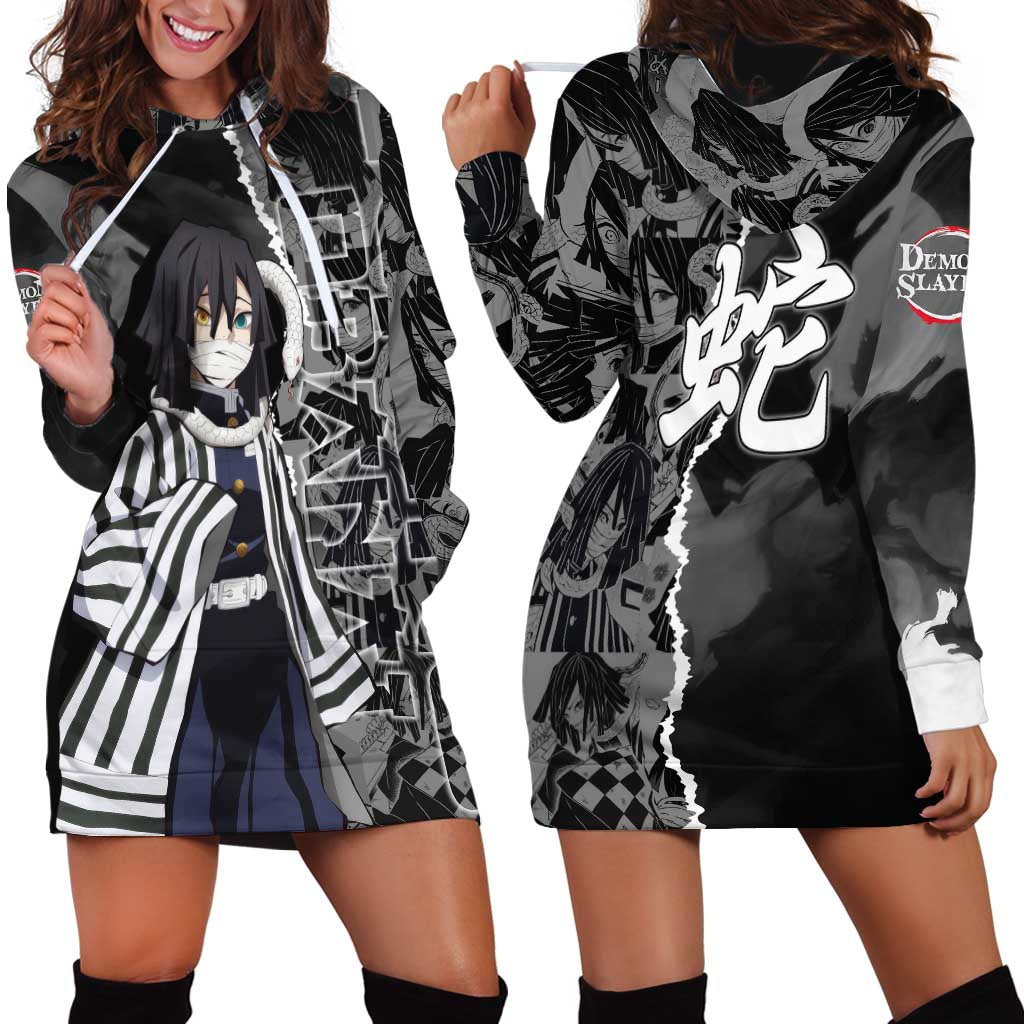 Obanai Iguro Demon Slayer Hoodie Dress with Serpent Hashira Sword Pose and Dark Serpent Design - The Mazicc