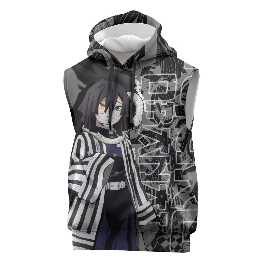 Obanai Iguro Demon Slayer Sleeveless Hoodie with Serpent Hashira Sword Pose and Dark Serpent Design - The Mazicc