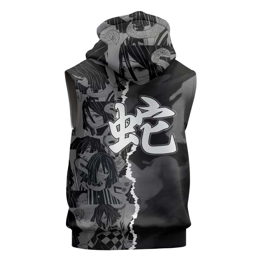 Obanai Iguro Demon Slayer Sleeveless Hoodie with Serpent Hashira Sword Pose and Dark Serpent Design - The Mazicc