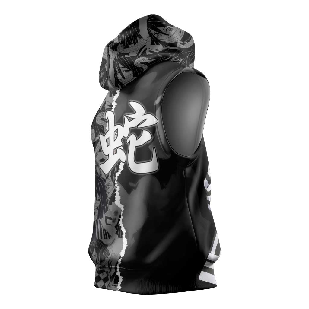 Obanai Iguro Demon Slayer Sleeveless Hoodie with Serpent Hashira Sword Pose and Dark Serpent Design - The Mazicc